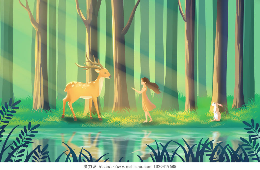 世界动物日唯美动物森林鹿女孩原创插画海报